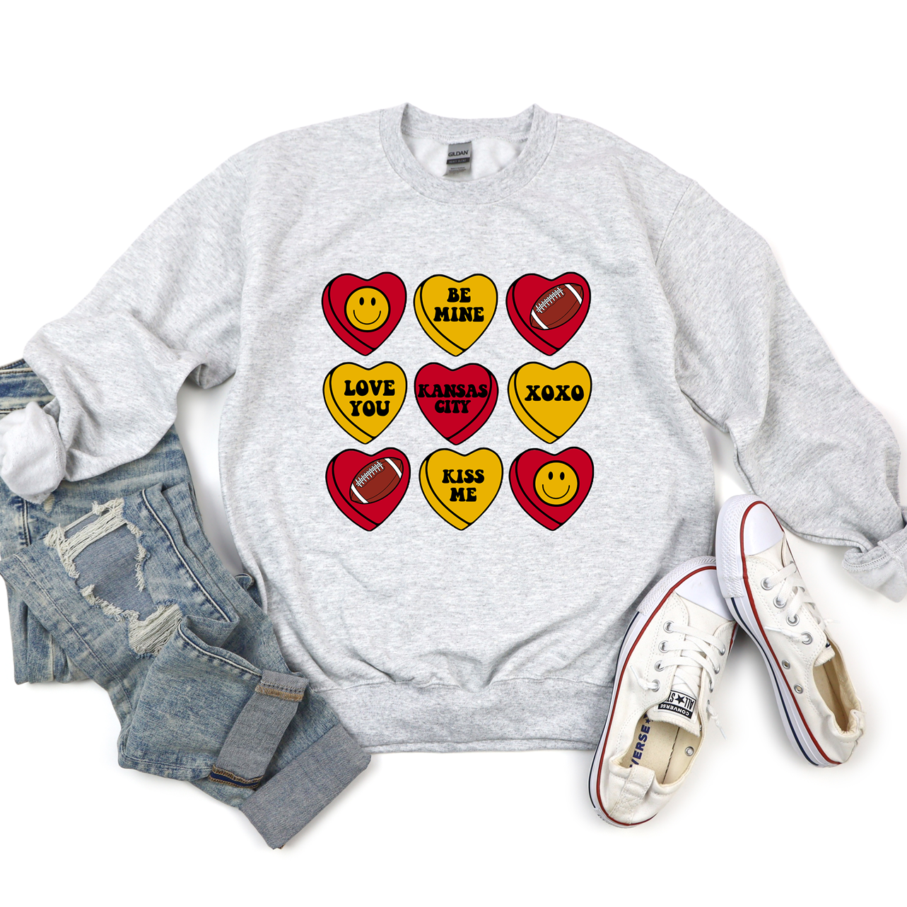 KC Valentine Football Hearts Tee or Sweatshirt