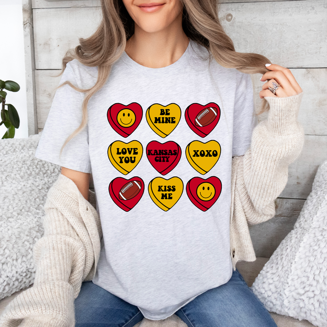 KC Valentine Football Hearts Tee or Sweatshirt